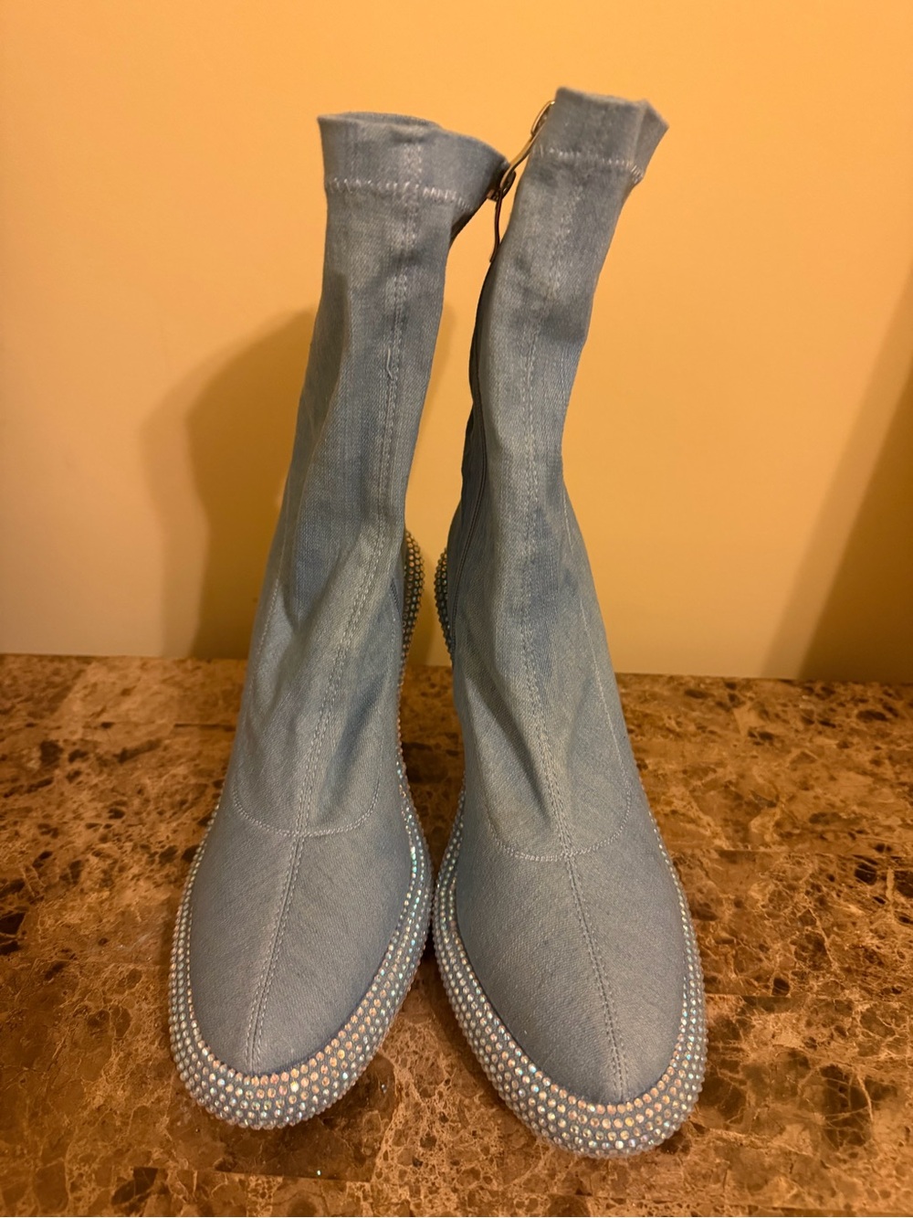 Azalea Wang light Blue Jean Stretch Sock Boots w/ Rhinestone multicolored Trim!
